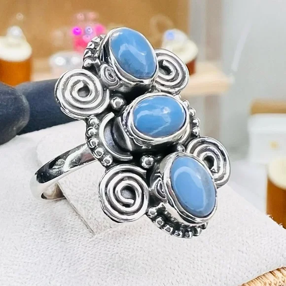 Three-Stone Handmade Golden Hills Turquoise Ring Sterling Silver Size 6.5 - Picture 5 of 5